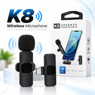 K8 Wireless Lavalier Microphone – Plug & Play Omnidirectional Clip-On Mic with Noise Cancellation, 65ft Range & Auto-Pairing for YouTube Vlogging, Live Streaming & Online Classes (Type-C & iPhone)